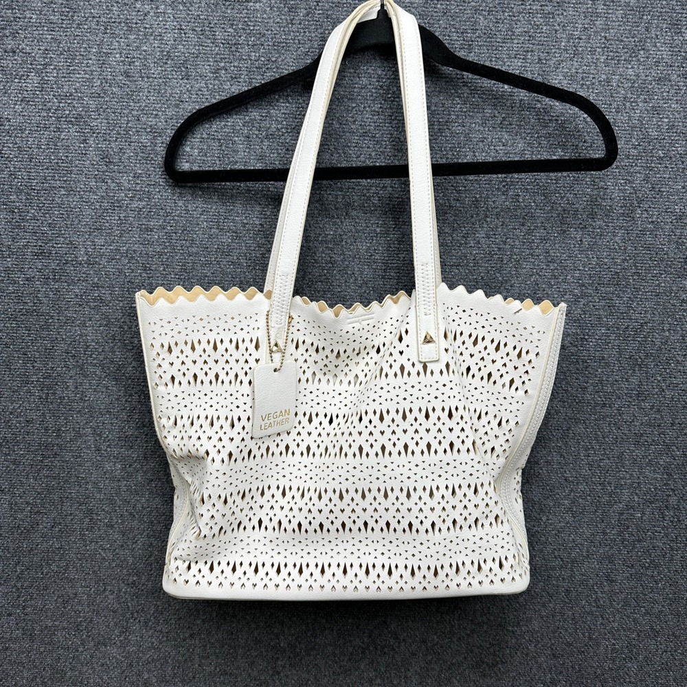 Madison West Laser Cut Perforated Scalloped White Vegan Leather Tote Bag